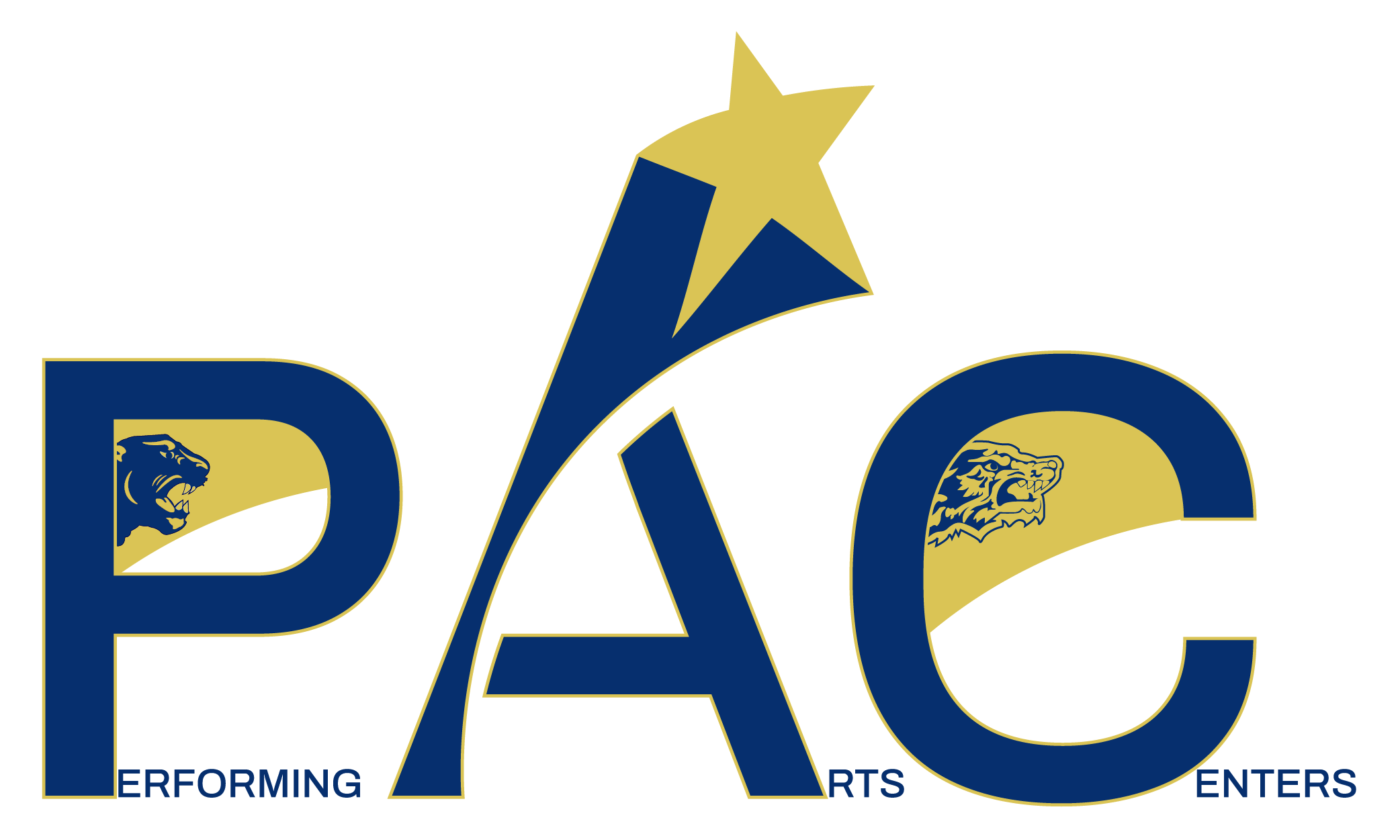 Large PAC letters with Panther mascot in P, shooting star off top of A, and Wolf mascots in C. Smaller letters making the words Performing Arts Center.