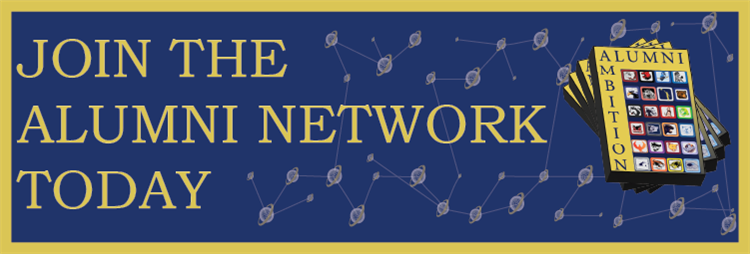 Join the Alumni Network Today banner with magazines and connect globes. 