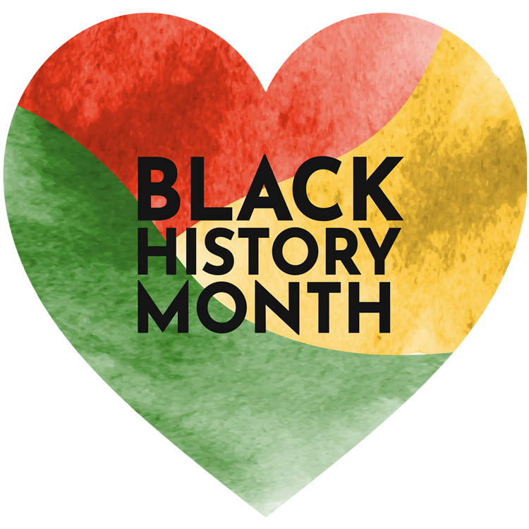 Black History Month text inside of a hear with red, yellow, and green swirled. 