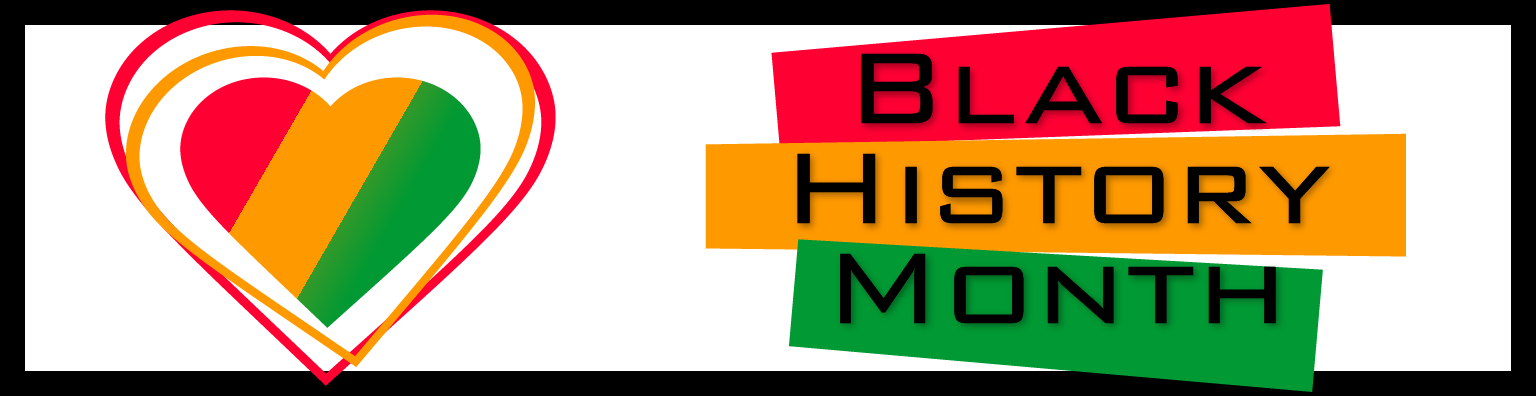 Black History Month text with three hearts in red, yellow, green with a black border.